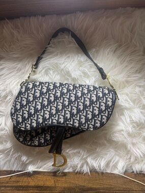 Black & White Patterned Saddle Shoulder Bag with Gold D Charm